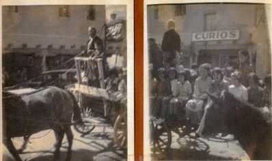Two vintage black and white photos: one of a horse and buggy, the other of children in a wagon outside a curios shop.