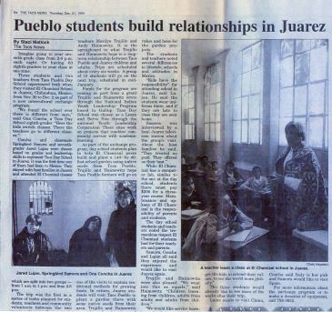 newspaper clipping of an article entitled, Pueblo students build relationships in Juarez, dated December 21, 1995