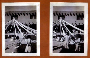 two old black and white photos of children around a maypole
