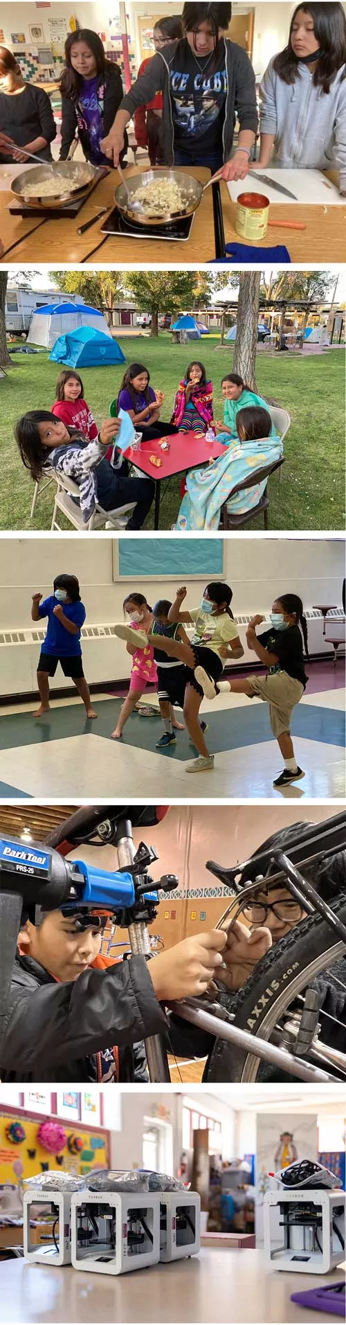 Photo Gallery of Taos Day School Students Cooking, Having a Picnic Outside, Participating in a Tae Kwon Do Class, Fixing a Bike, and Microscopes on a Table.