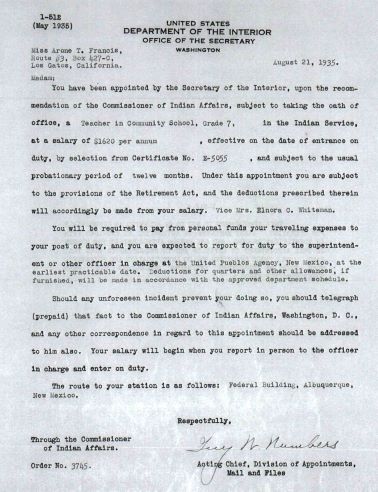 Letter from the United States Department of the Interior to a Miss Francis to notify her that she has been appointed a teacher at the school for grade 7.