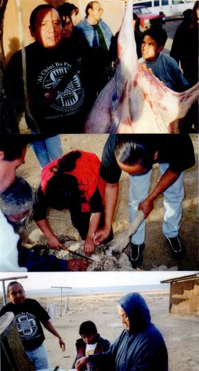grouping of old photos with adults and students prepping livestock for a meal