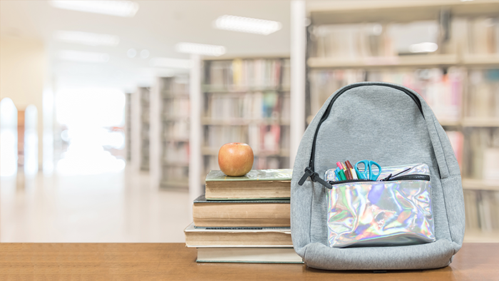 Grey Cloth Backpack On a Table Next to a Stack of Books with an Apple on Top in the Taos Day School Library.