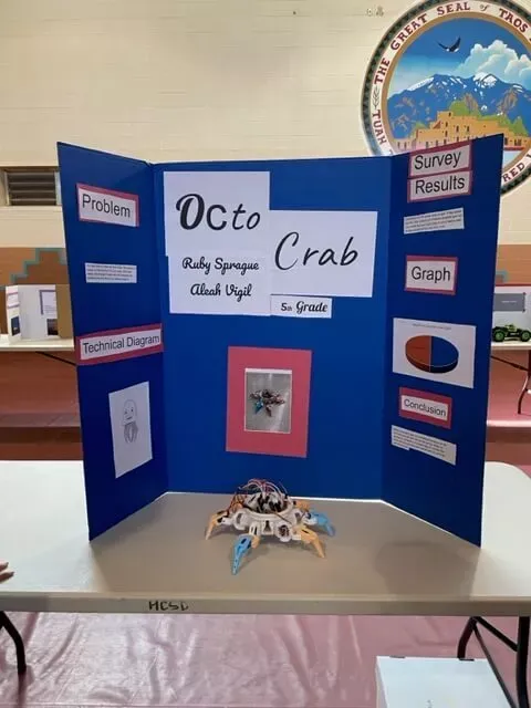 "Octo Crab" Trifold Project Board and Science Project Displayed on a Table Inside the Gym at Taos Day School.